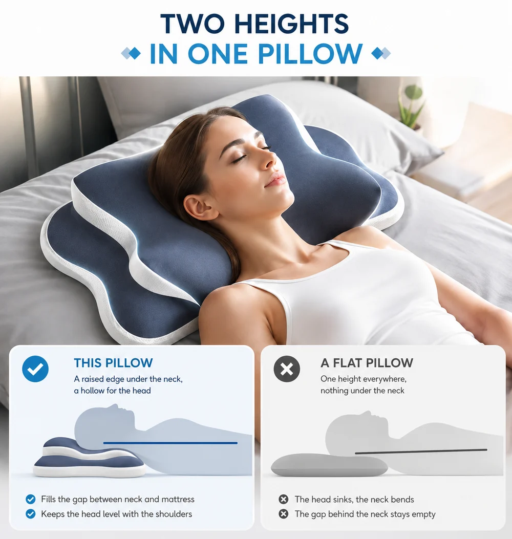 A sleeper on her back on the Cradleform pillow, shown next to a flat pillow for comparison